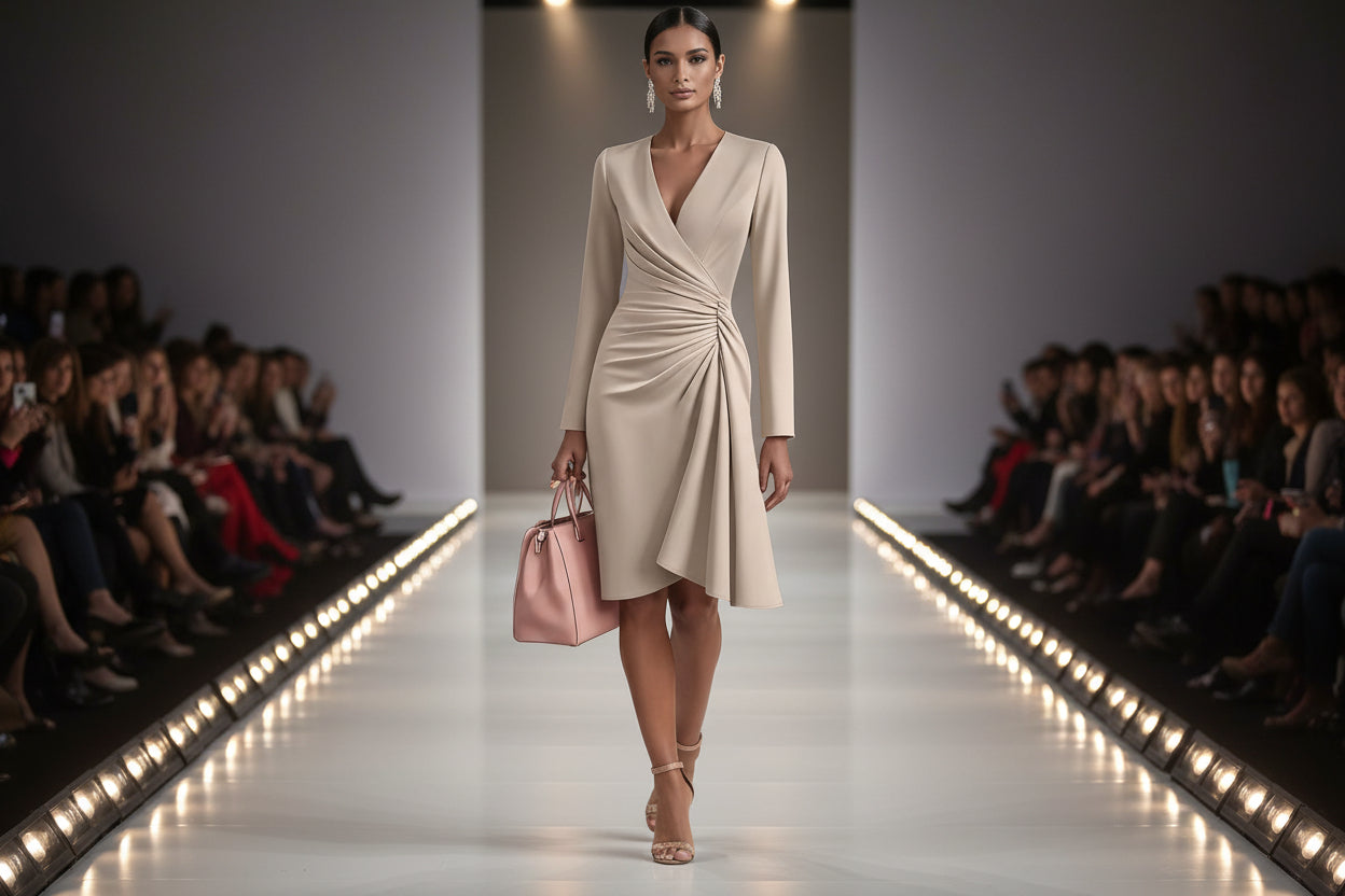 V Neck Folds  Solid Color Slim-fit Long Sleeve V-pleated Design Dress  Women's Office Commuter A-line Midi Party Dresses Female Clothing