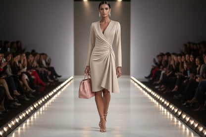 V Neck Folds  Solid Color Slim-fit Long Sleeve V-pleated Design Dress  Women's Office Commuter A-line Midi Party Dresses Female Clothing