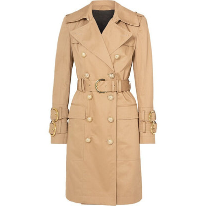 Buckle double-breasted belted long trench coat