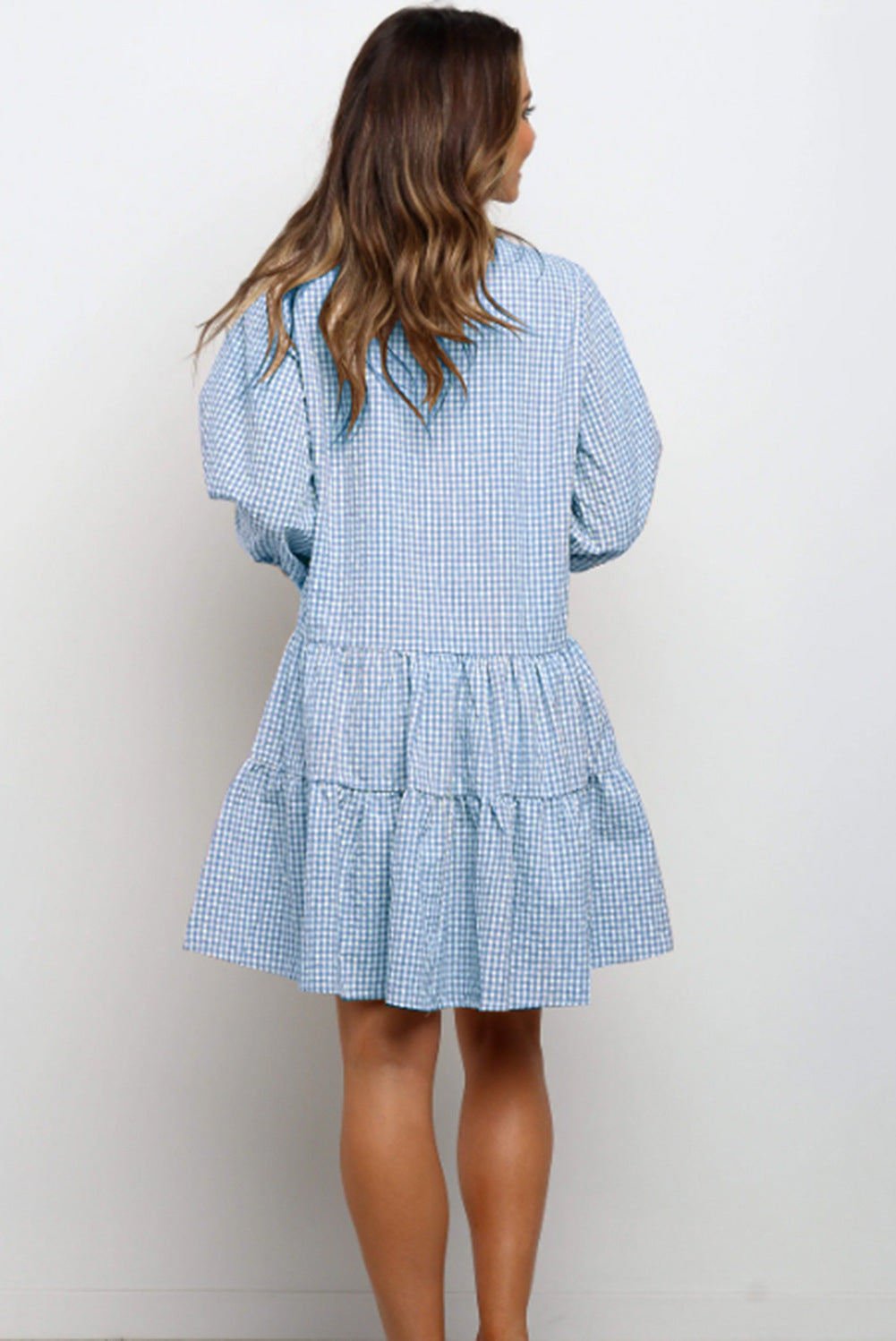 Plaid Printed Ruffle Dress V Neck Button Three-quarter Sleeves Dresses For Women Clothing