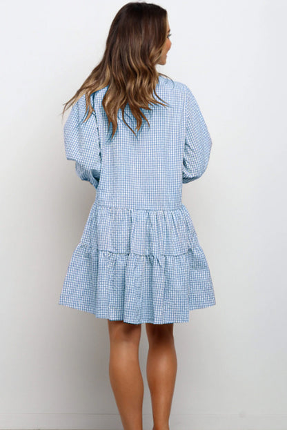 Plaid Printed Ruffle Dress V Neck Button Three-quarter Sleeves Dresses For Women Clothing