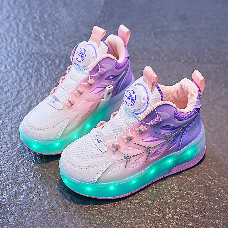 Children’s Flash Knob Roller Skating Shoes – Adjustable Button Design with Height-Increasing Sole