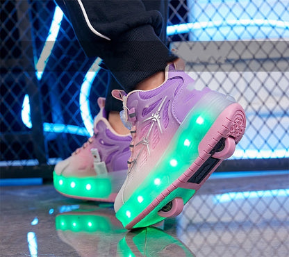 Children’s Flash Knob Roller Skating Shoes – Adjustable Button Design with Height-Increasing Sole