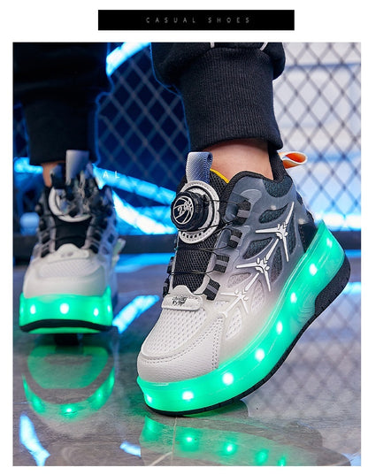 Children’s Flash Knob Roller Skating Shoes – Adjustable Button Design with Height-Increasing Sole