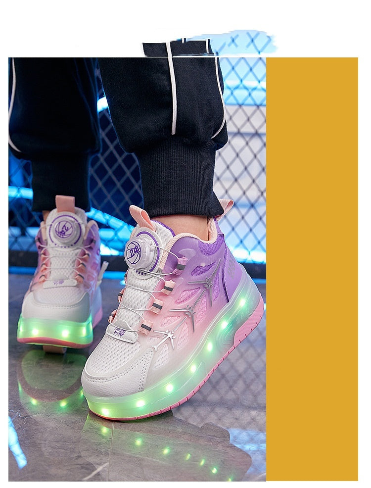 Children’s Flash Knob Roller Skating Shoes – Adjustable Button Design with Height-Increasing Sole