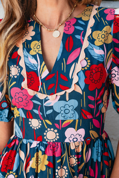 Green Retro Floral Printed Split Neck Maxi Dress