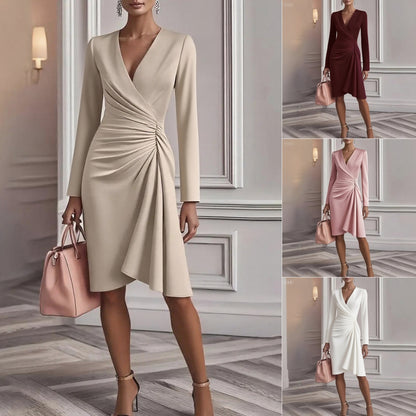 V Neck Folds  Solid Color Slim-fit Long Sleeve V-pleated Design Dress  Women's Office Commuter A-line Midi Party Dresses Female Clothing