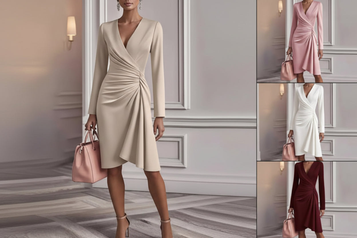 V Neck Folds  Solid Color Slim-fit Long Sleeve V-pleated Design Dress  Women's Office Commuter A-line Midi Party Dresses Female Clothing