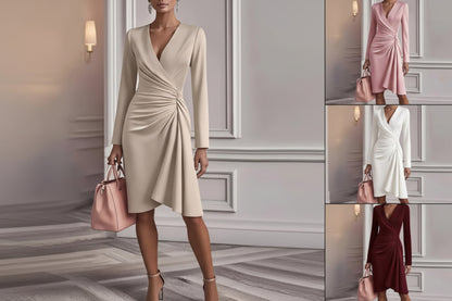 V Neck Folds  Solid Color Slim-fit Long Sleeve V-pleated Design Dress  Women's Office Commuter A-line Midi Party Dresses Female Clothing