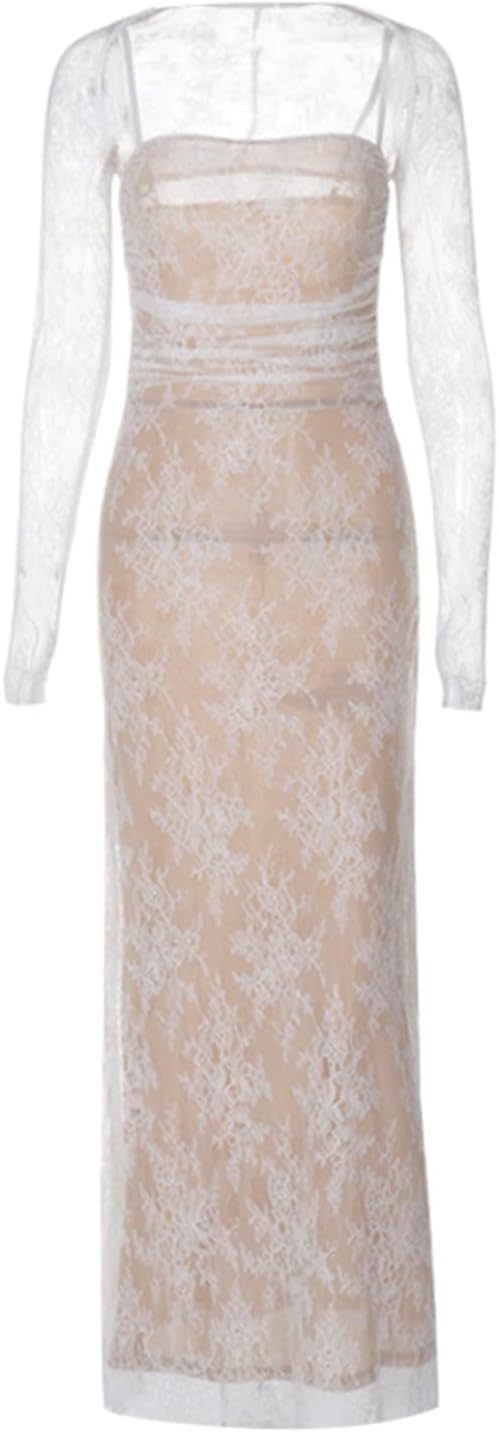 فستان ماكسي أنيق عتيق من الدانتيل بأكمام طويلة