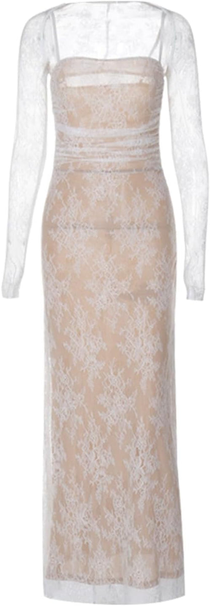 فستان ماكسي أنيق عتيق من الدانتيل بأكمام طويلة