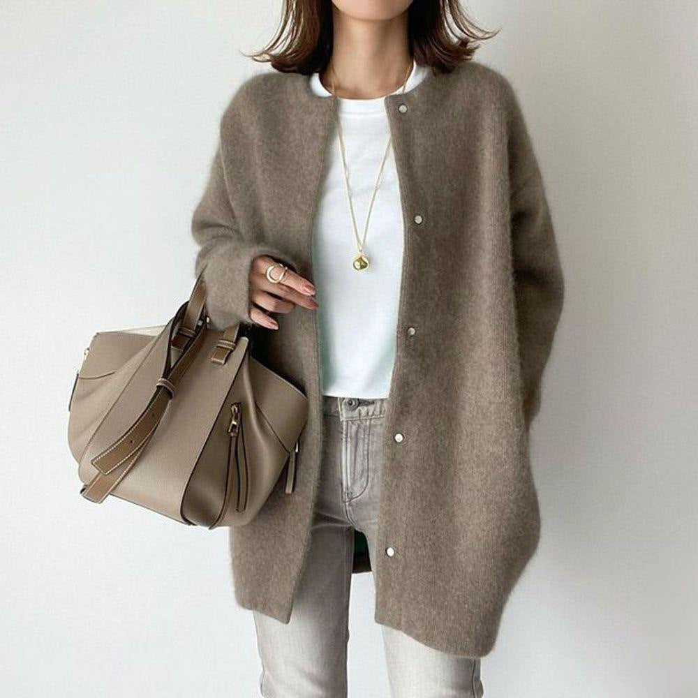 Women's Loose Round Neck Single-Breasted Cardigan – Solid Color Coat for Autumn and Winter