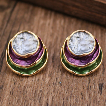 Ins Three-colored Painting Round Earrings Fashion Elegant Versatile Geometric Earrings For Women Jewelry