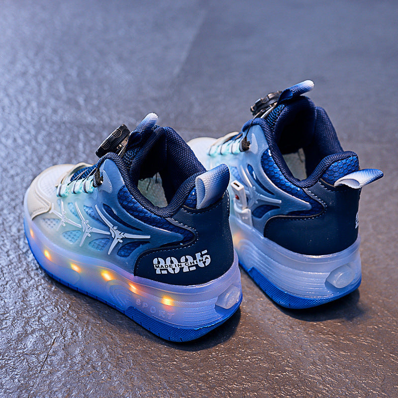 Children’s Flash Knob Roller Skating Shoes – Adjustable Button Design with Height-Increasing Sole