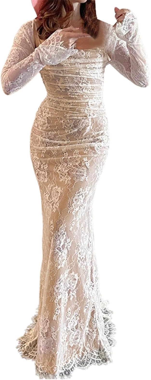 فستان ماكسي أنيق عتيق من الدانتيل بأكمام طويلة