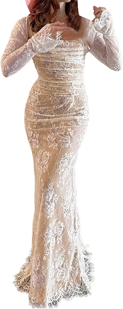 فستان ماكسي أنيق عتيق من الدانتيل بأكمام طويلة