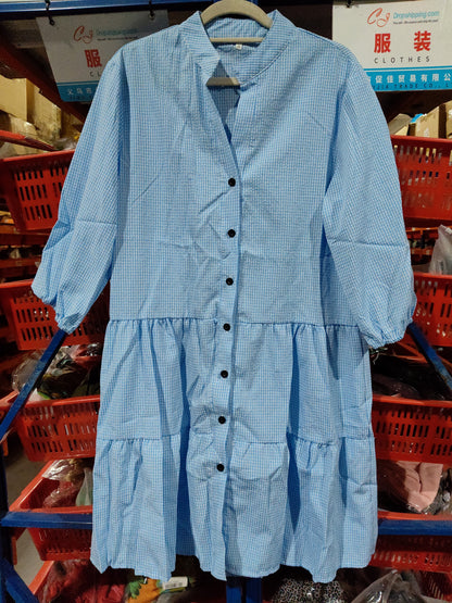 Plaid Printed Ruffle Dress V Neck Button Three-quarter Sleeves Dresses For Women Clothing