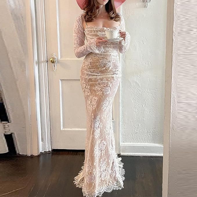 فستان ماكسي أنيق عتيق من الدانتيل بأكمام طويلة
