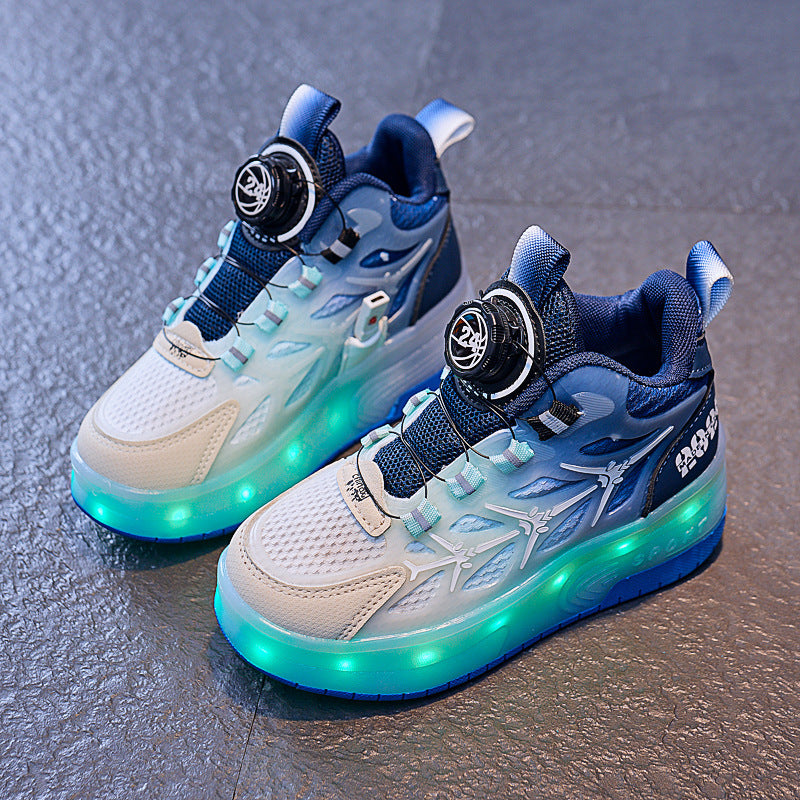 Children’s Flash Knob Roller Skating Shoes – Adjustable Button Design with Height-Increasing Sole