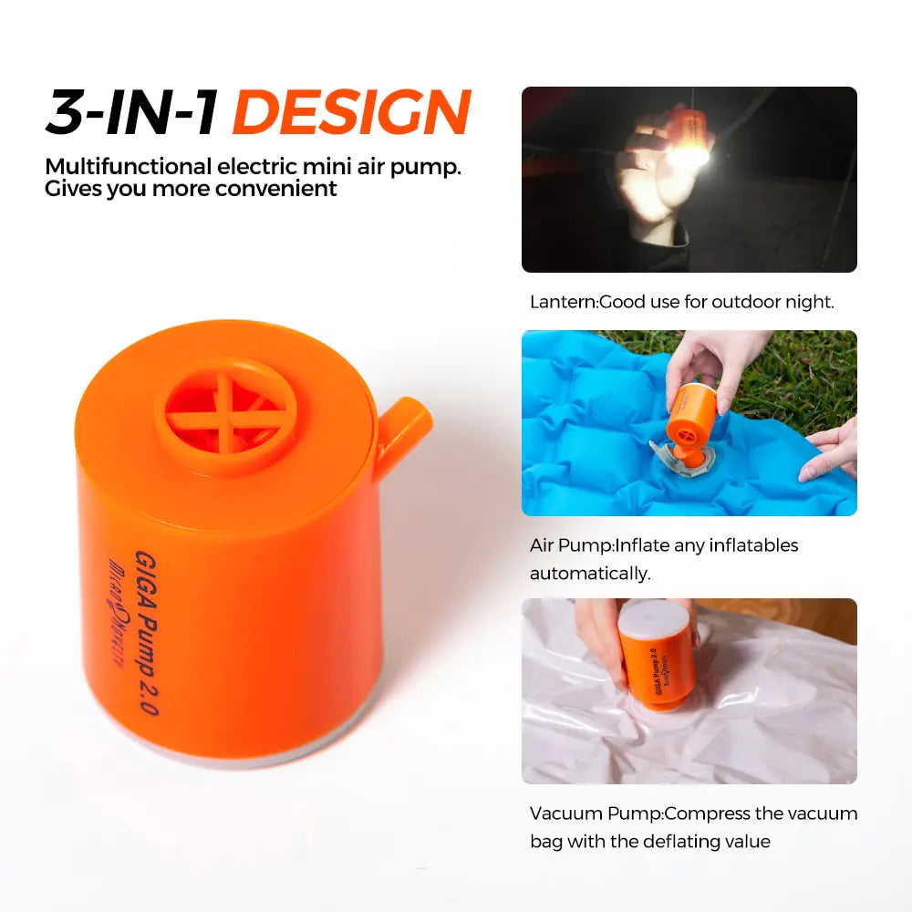 GIGA Pump 2.0 Mini Air Pump – Portable Electric Inflator, Deflator, and Lantern with 5 Nozzles