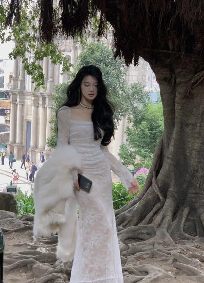 فستان ماكسي أنيق عتيق من الدانتيل بأكمام طويلة