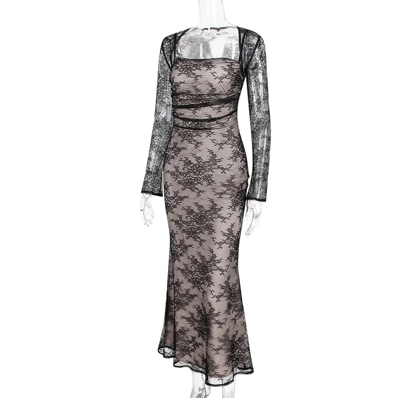 فستان ماكسي أنيق عتيق من الدانتيل بأكمام طويلة