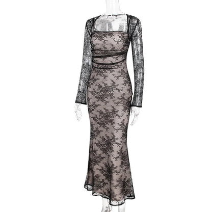 فستان ماكسي أنيق عتيق من الدانتيل بأكمام طويلة