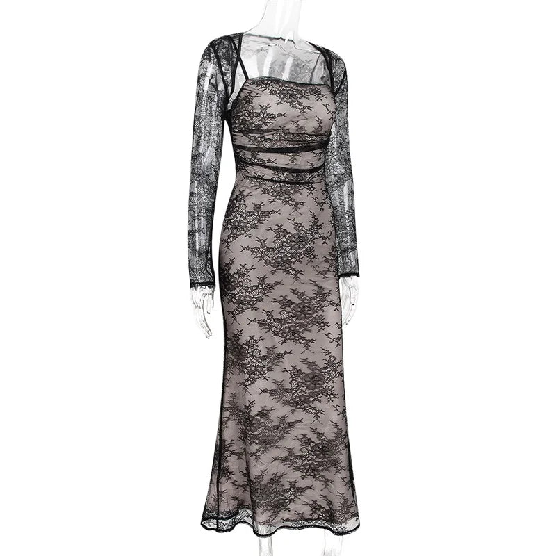 فستان ماكسي أنيق عتيق من الدانتيل بأكمام طويلة