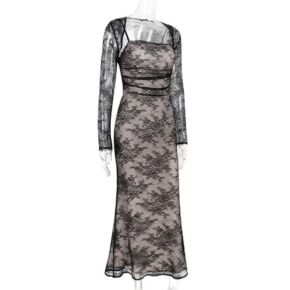 فستان ماكسي أنيق عتيق من الدانتيل بأكمام طويلة