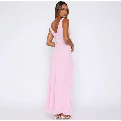 Elegant Sleeveless Ruffles Sexy Long Dress For Women Summer New Deep V-Neck Backless Thigh High Split Maxi Dress