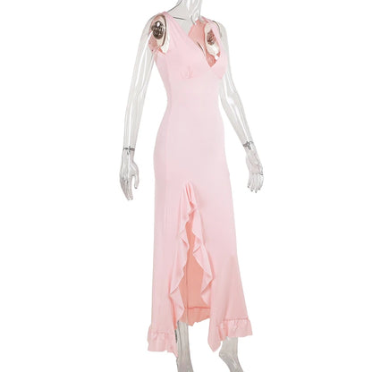 Elegant Sleeveless Ruffles Sexy Long Dress For Women Summer New Deep V-Neck Backless Thigh High Split Maxi Dress