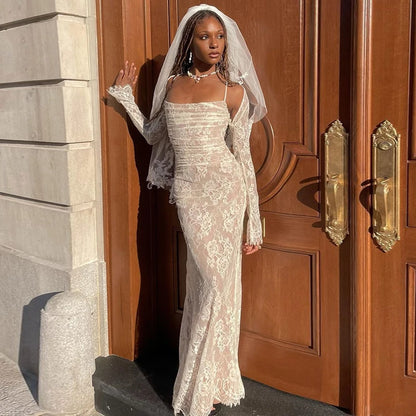 فستان ماكسي أنيق عتيق من الدانتيل بأكمام طويلة