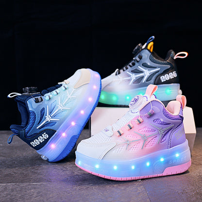 Children’s Flash Knob Roller Skating Shoes – Adjustable Button Design with Height-Increasing Sole