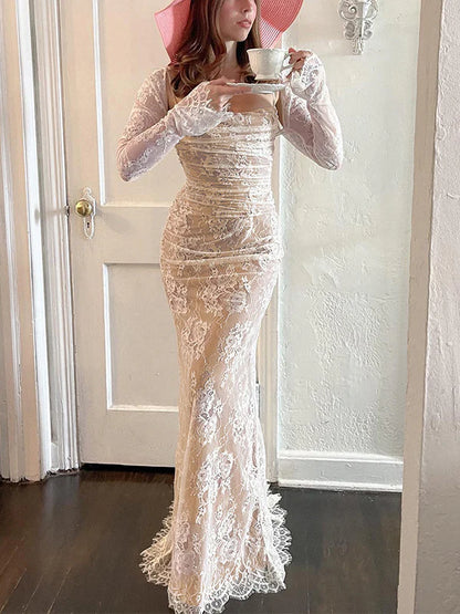 فستان ماكسي أنيق عتيق من الدانتيل بأكمام طويلة