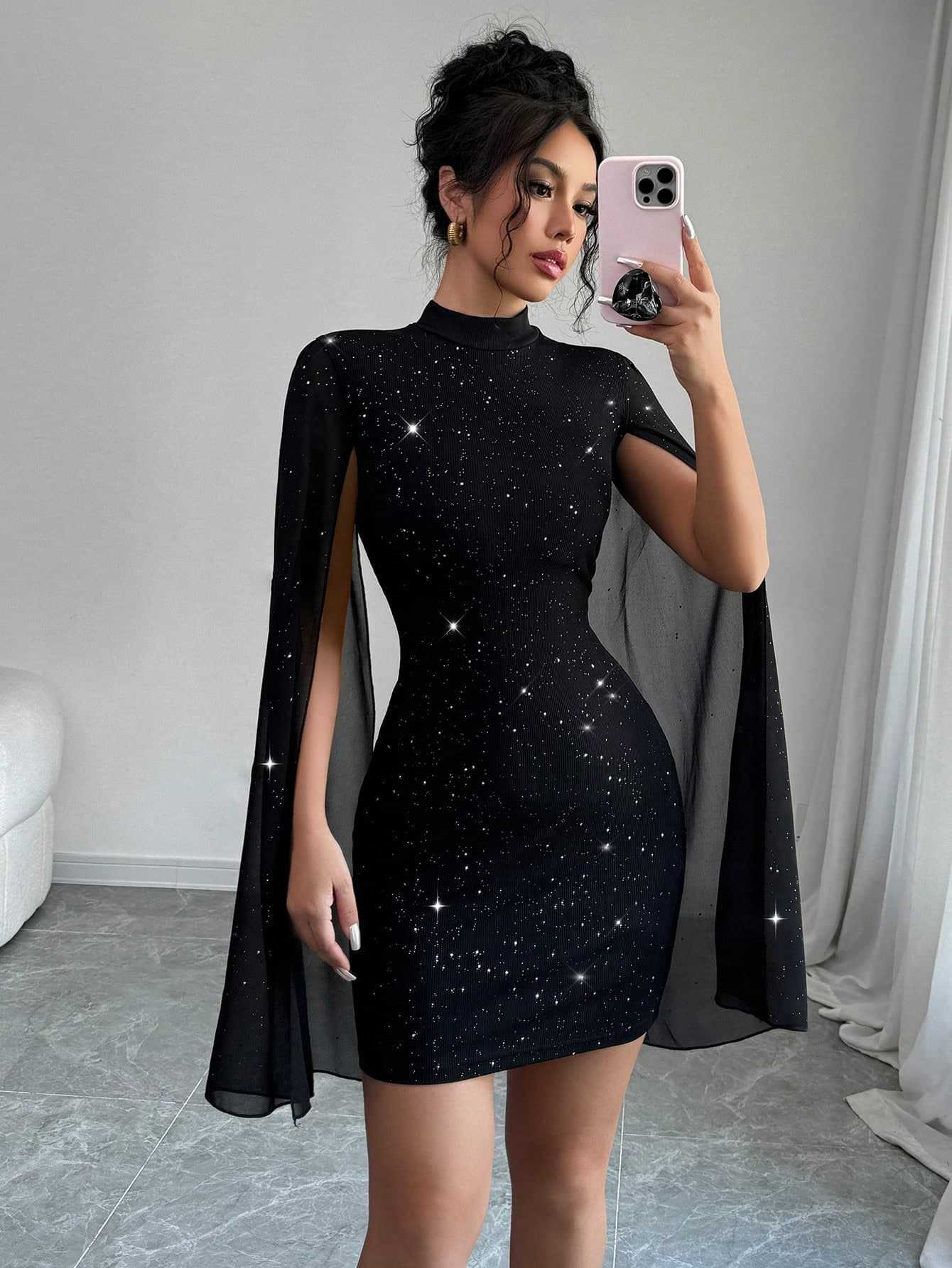 Women's Sexy Elegant Evening Party Dresses Round Neck Pit Stripe Pearl Chiffon Cape Sleeve Wrapped Hip Dress