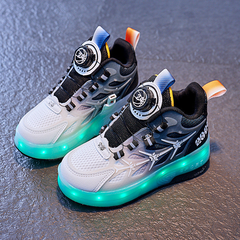 Children’s Flash Knob Roller Skating Shoes – Adjustable Button Design with Height-Increasing Sole