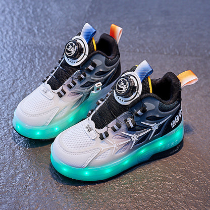Children’s Flash Knob Roller Skating Shoes – Adjustable Button Design with Height-Increasing Sole
