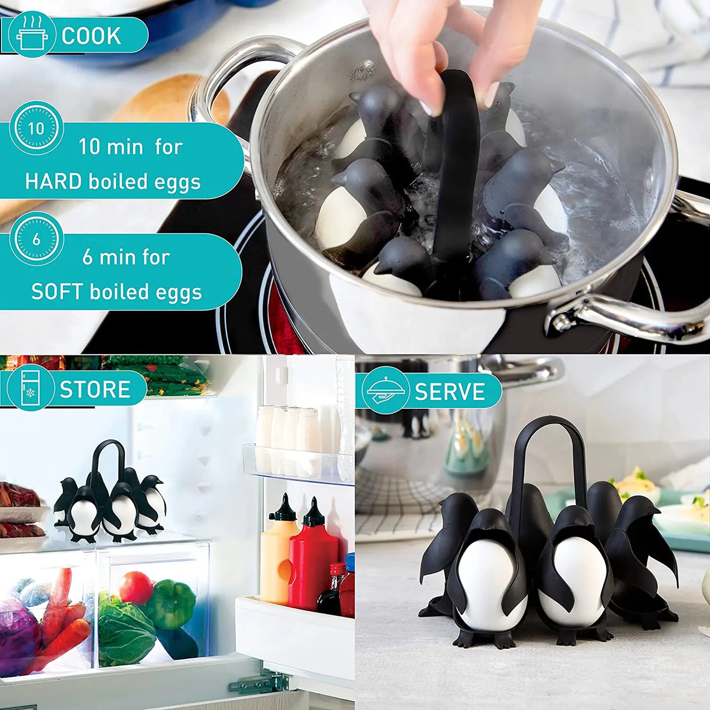 Penguin-Shaped Boiled Egg Cooker – 3-in-1 Egg Holder for Cooking, Serving, and Storage