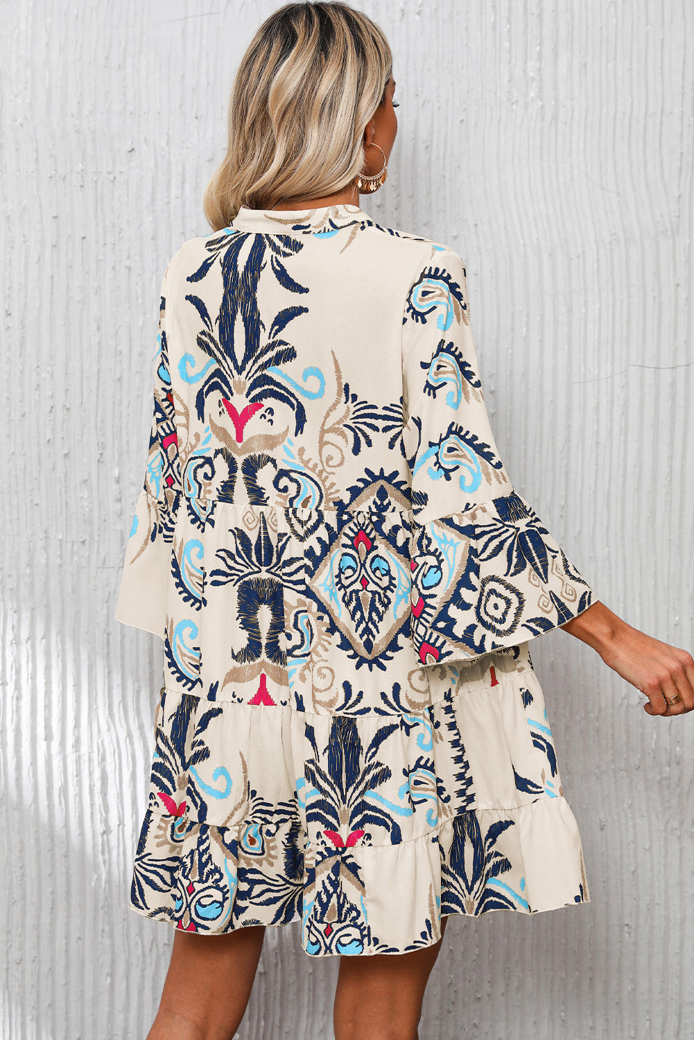 Women V Neck Graphic Loose Office Dresses Elegant Flare 3/4 Sleeves Commuter Party Dress 2024 Casual Button Pleats Mini Dress