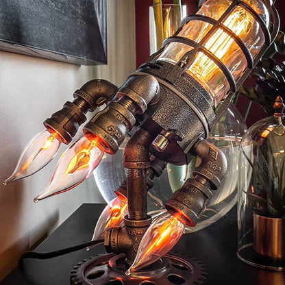 Steampunk Rocket Ship Lamp – Vintage Futuristic Desk Light with Edison Bulb