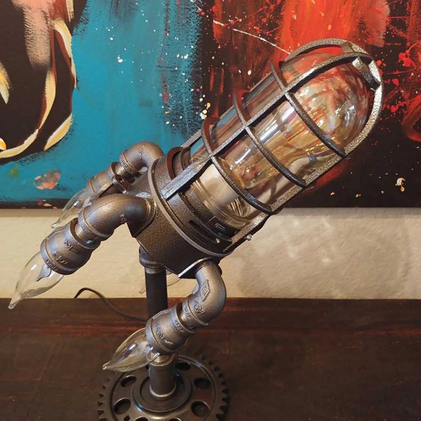 Steampunk Rocket Ship Lamp – Vintage Futuristic Desk Light with Edison Bulb