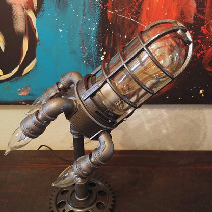 Steampunk Rocket Ship Lamp – Vintage Futuristic Desk Light with Edison Bulb