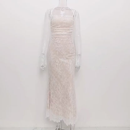 فستان ماكسي أنيق عتيق من الدانتيل بأكمام طويلة