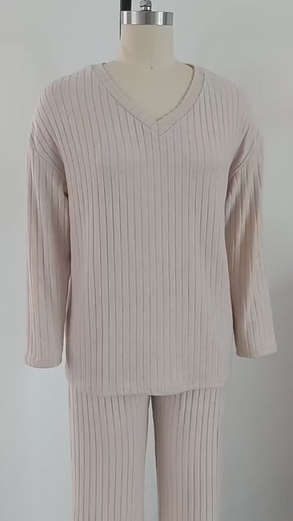 Khaki Ribbed Knit V Neck Slouchy Two-piece Outfit