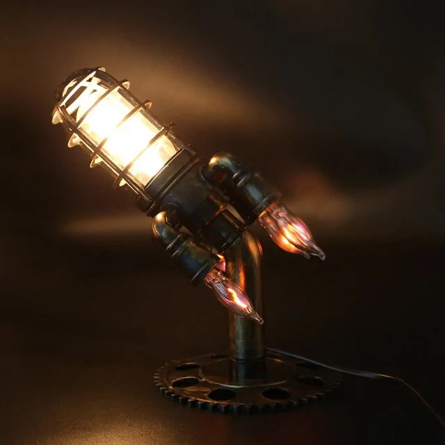 Steampunk Rocket Ship Lamp – Vintage Futuristic Desk Light with Edison Bulb